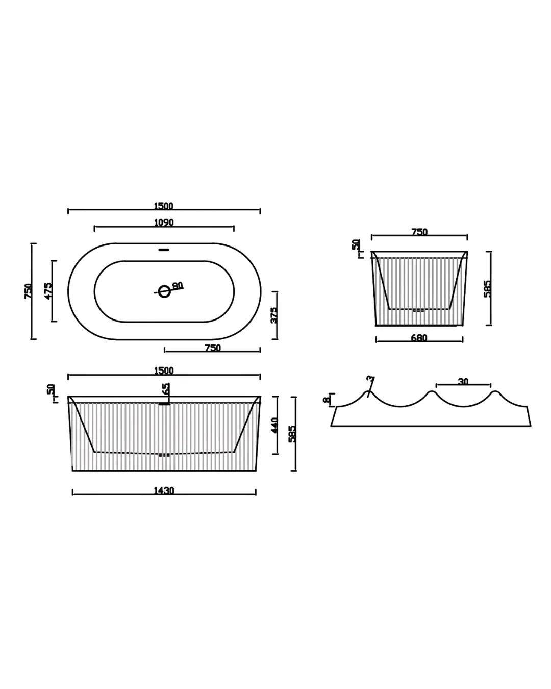 Bathtub (White, Fluted) spec drawing thumbnail